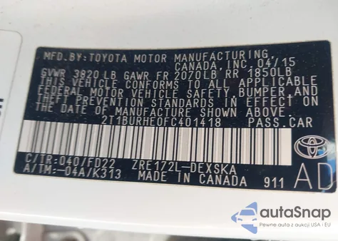 2015 Toyota Corolla S Plus из США, поврежденный, VIN 2T1BURHE0FC401418